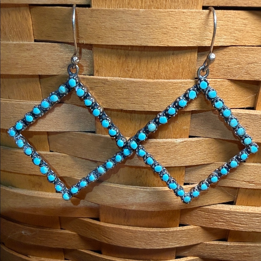 Turquoise Beaded Double Diamond Drop Earrings